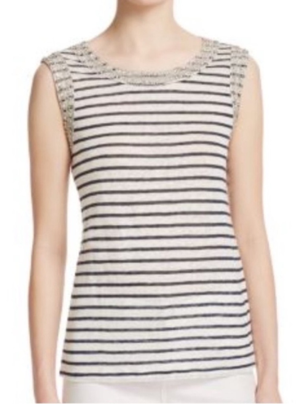 Generation Love Lucy White Navy Knit Linen Crystal Embellished Tee Shirt Top S